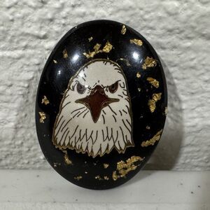 Handmade Black Oval Eagle Pendant Stone with Gold Flakes Unique Art Object 1.5”